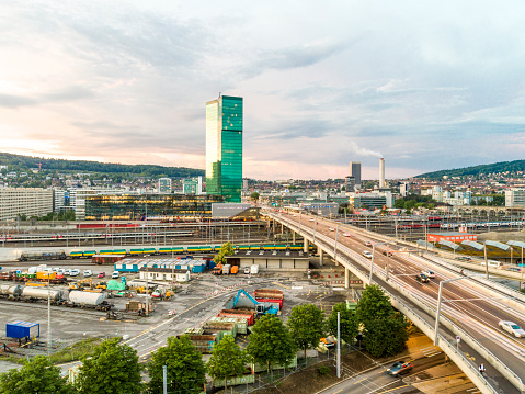 The aerial photograph shows the Hardbrücke from above. Produced with the DJI Phantom 4 Pro. Beautiful evening sun urban environment.