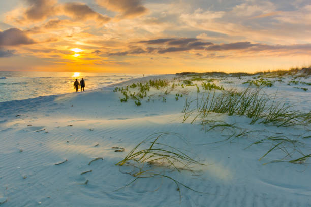 couple se promène sur la plage au coucher du soleil - région de la côte du golfe photos et images de collection
