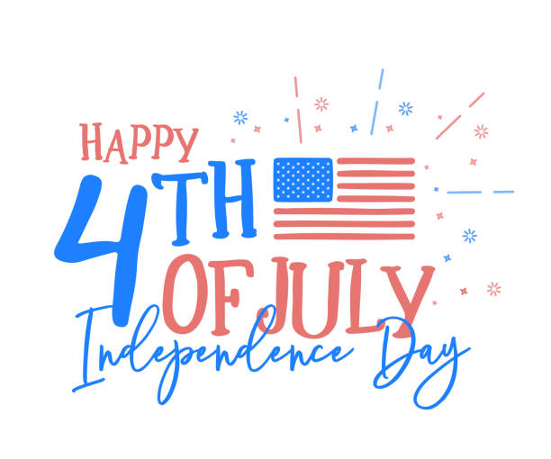 Hapy 4th of July, independence day with fun mix of doodle hand drawn and calligraphic text. Vector background banner for american national holiday with USA flag, text and fireworks vector eps10 circa 4th century stock illustrations