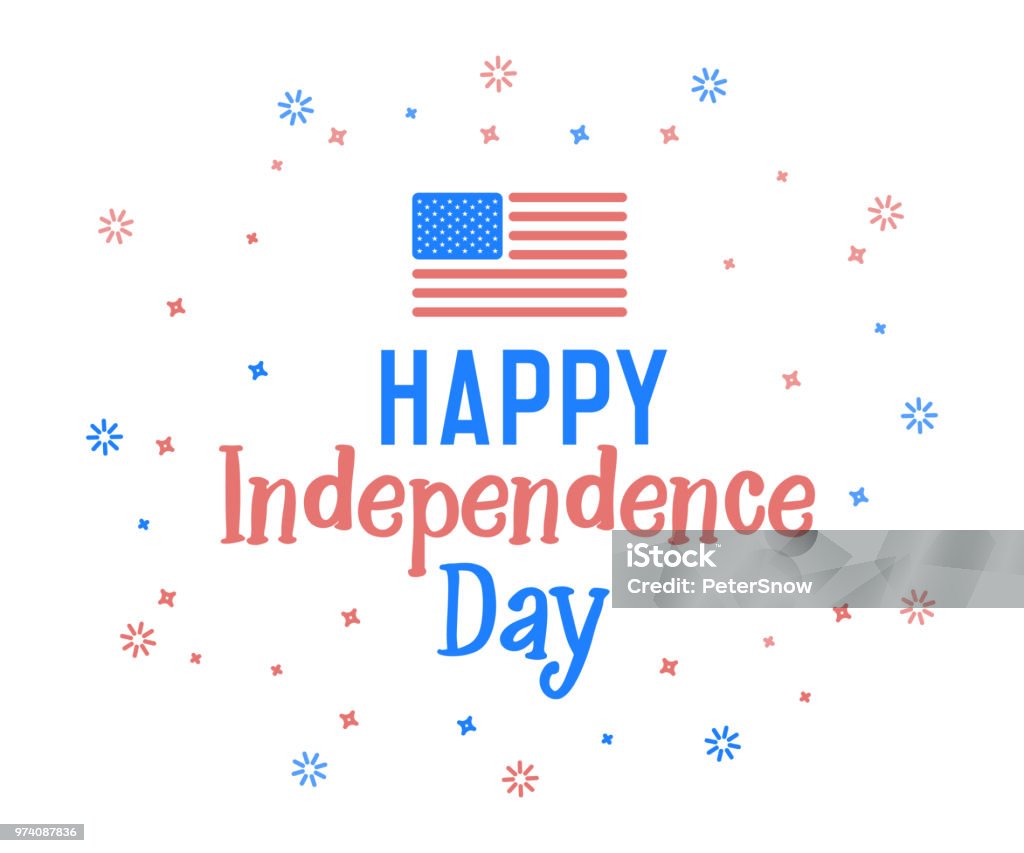 Happy Independence Day Text With United States Of America Flag Colors  Vector Retro Background Label For Independence Day Of Usa In July 4  Cheerful Design Funny Hand Drawn Letters And Firework Elements