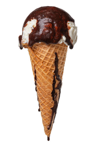 istock wafer cone with melting white ice cream covered chocolate glaze isolated on white background, close up 974138220