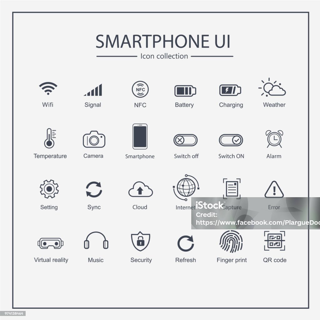 Smart Phone UI Icon collection set, finger print, qr code, signal, vr and user interface icon. Flat design. Icon Symbol stock vector