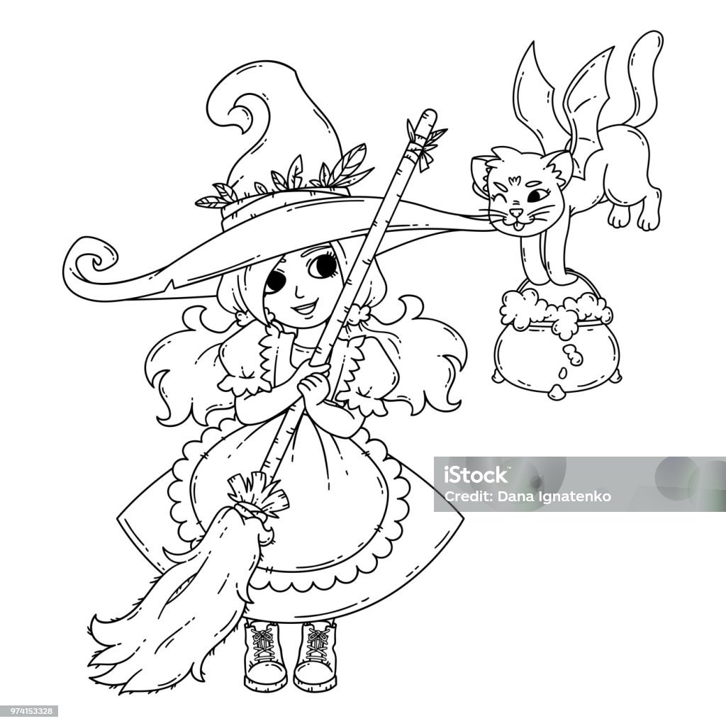 A little witch with a broom, a cat and a pot. A little witch with a broom, a cat and a pot. Vector illustration isolated on white background. Coloring page for children. Coloring Book Page - Illlustration Technique stock vector