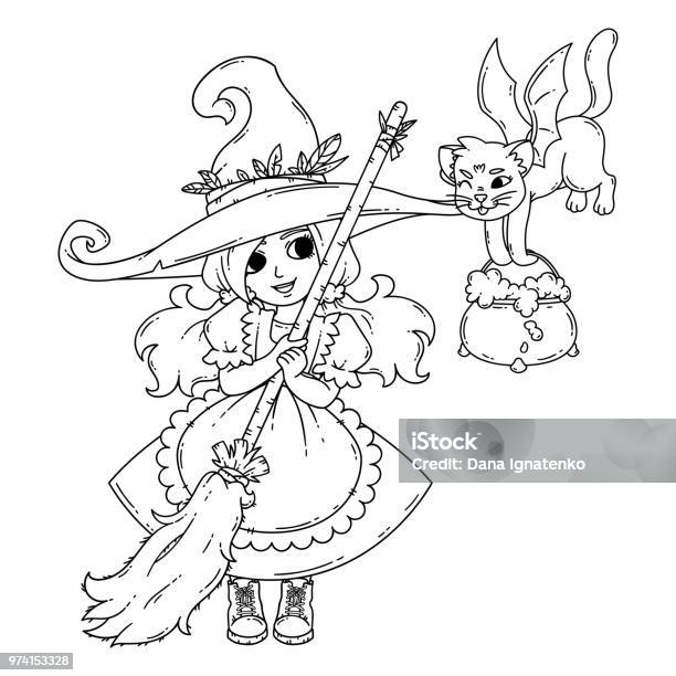 A Little Witch With A Broom A Cat And A Pot Stock Illustration - Download Image Now - Coloring Book Page - Illlustration Technique, Witch, Halloween