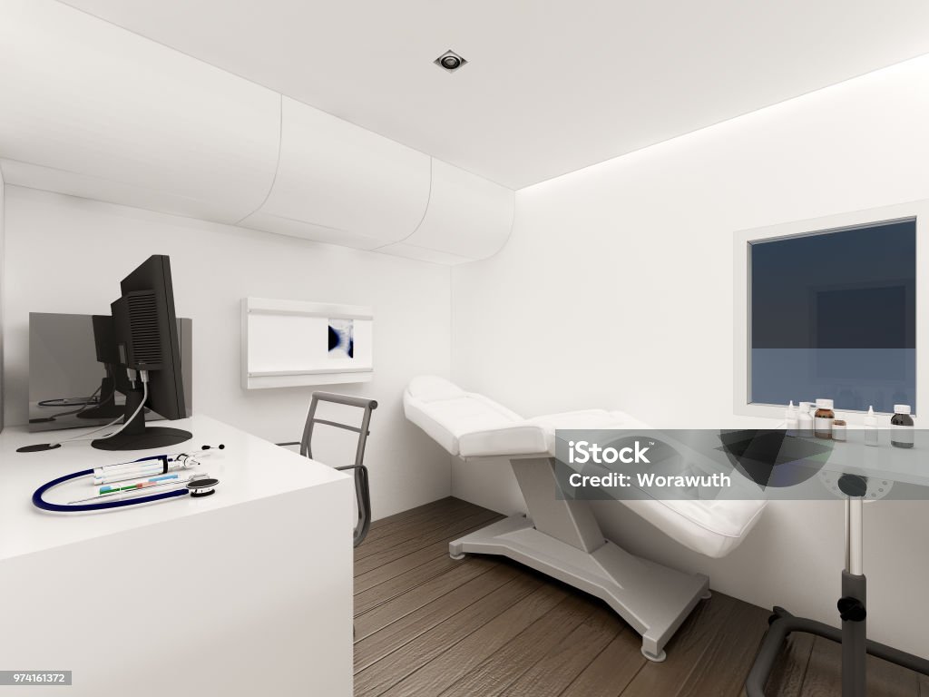 Interior of Mobile Clinic car , 3d rendering White operating room design in Mobile Clinic car Medical Clinic Stock Photo