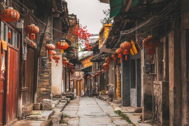 old alley with chinese lanterns in Daxu Ancient Town Guilin