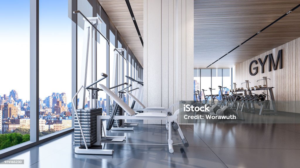 Современный интерьер тренажерного зала с видом на город, 3d рендеринг - Стоковые фото Центр здоровья роялти-фри