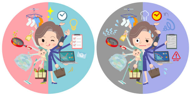 Blue-green tunic Middle women_mulch task switch A set of women who perform multitasking in offices and private.
There are things to do smoothly and a pattern that is in a panic.
It's vector art so it's easy to edit. middle aged woman cooking stock illustrations