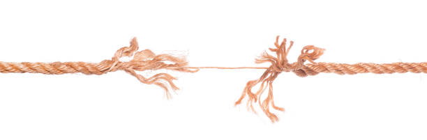 long frayed rope near to break isolated - rope frayed emotional stress breaking imagens e fotografias de stock