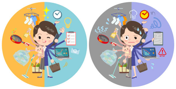 Pink jacket Middle women_mulch task switch A set of women who perform multitasking in offices and private.
There are things to do smoothly and a pattern that is in a panic.
It's vector art so it's easy to edit. middle aged woman cooking stock illustrations