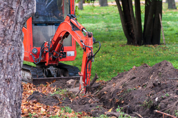 small crawler loader digs in the park trench for laying pipes