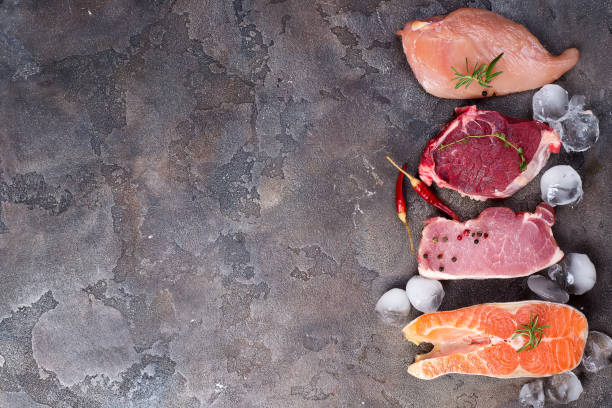istock Raw chicken, meat and fish with ice and spices isolated on stone. Lean proteins. 974175198