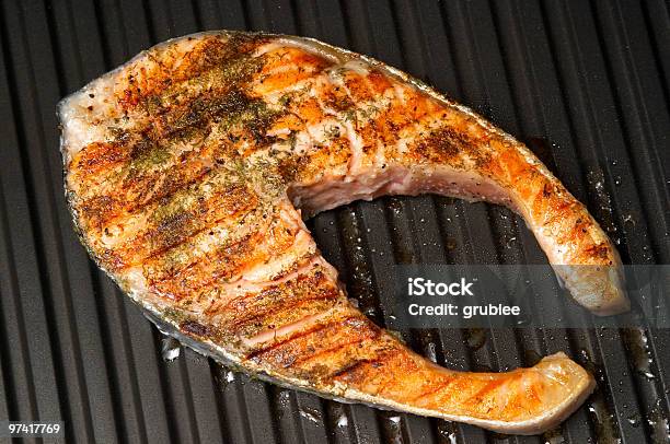 Grilled Salmon Steak Stock Photo - Download Image Now - Barbecue Grill, Close-up, Color Image