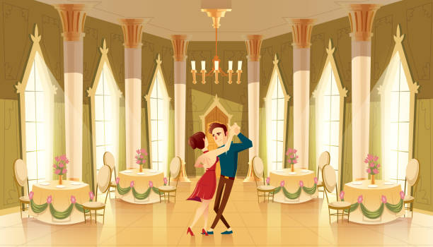 ilustrações de stock, clip art, desenhos animados e ícones de vector ballroom, hall with dancers in palace - house column residential structure fairy tale