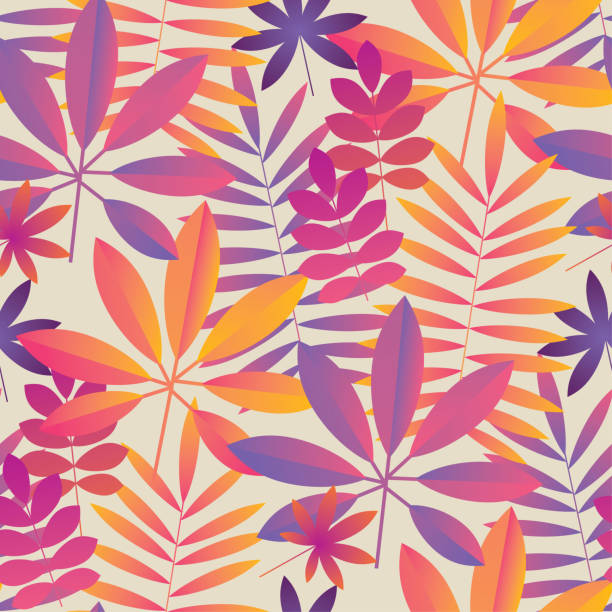 Vibrant pink and yellow tropical seamless pattern Vibrant pink and yellow tropical seamless pattern. Jungle leaves abstract repeatable motif for surface design. Summer foliage endless rapport for background, wrapping paper, fabric. folliage stock illustrations