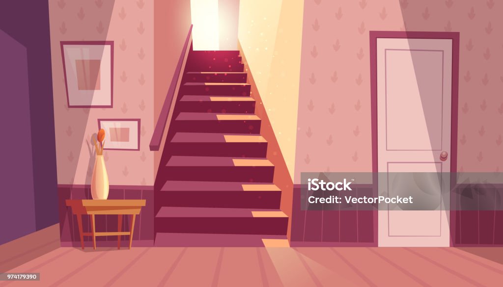 Vector interior with staircase, stairs in house Vector interior with staircase and white door in house. Home inside with light from window and shadows on steps. Front view of stairs with handrail, table with vase in maroon colors. House stock vector