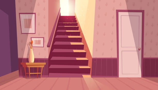 Vector interior with staircase, stairs in house Vector interior with staircase and white door in house. Home inside with light from window and shadows on steps. Front view of stairs with handrail, table with vase in maroon colors. domestic room illustrations stock illustrations