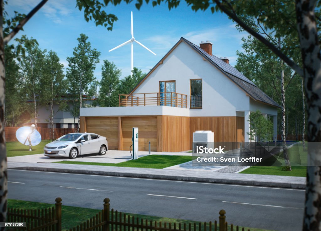 home electric car charging with solar power and wind power turbine in the background House Stock Photo