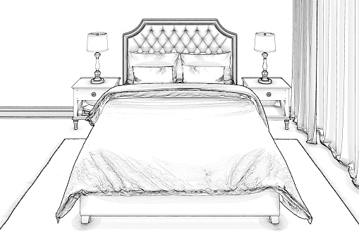 3d render. Sketch of a bedroom