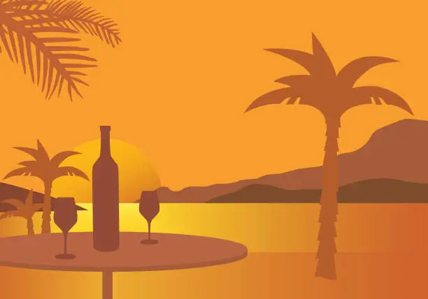 Vector illustration of Tropical beach with parasols, sea with sunset, table with bottle of wine and two glasses - vector