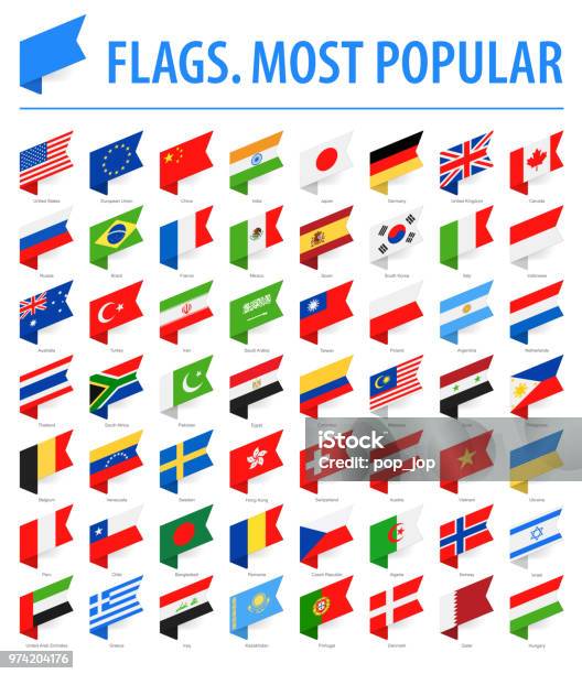 Мировые Флаги Вектор Изометрические Этикетки Плоские Иконки Самые Популярные — стоковая векторная графика и другие изображения на тему Флаг