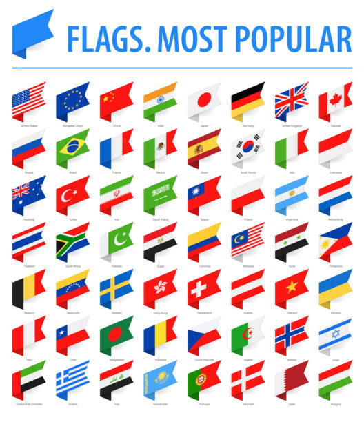 dünya bayrakları - vektör izometrik etiketi düz simgeler - en popüler - japan spain stock illustrations