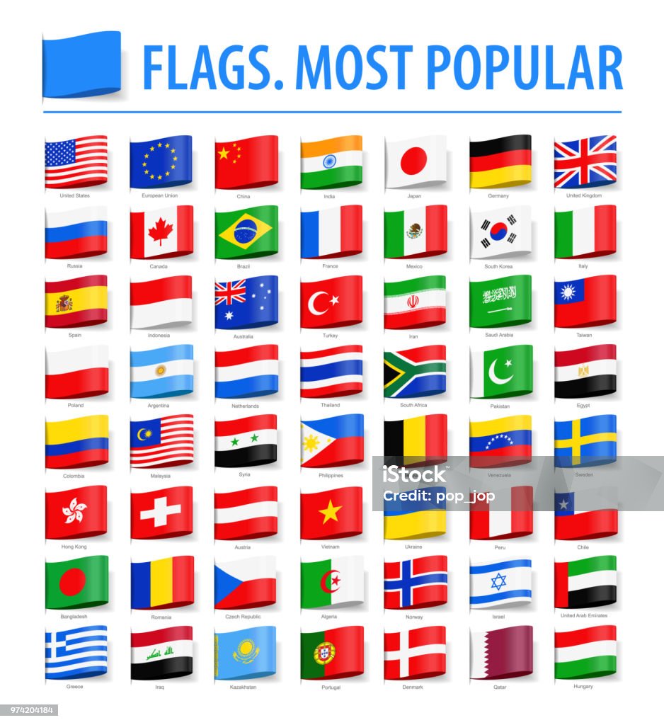 World Flags - Vector Tag Label Flat Icons - Most Popular Flag stock vector