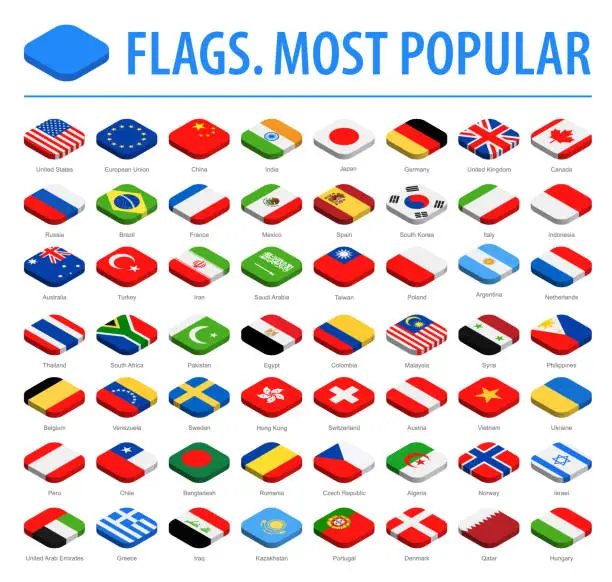 Vector illustration of World Flags - Vector Isometric Rounded Square Flat Icons - Most Popular