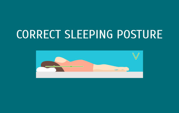 Cartoon Correct Sleeping Body Posture Set. Vector Cartoon Correct Sleeping Body Posture Set Healthcare Concept Flat Design Style on a Blue. Vector illustration of Health Care woman looking at mattress stock illustrations