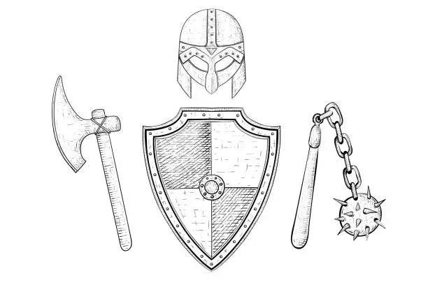 Vector illustration of Viking armor set - helmet, shield, flail and axe. Hand drawn sketch