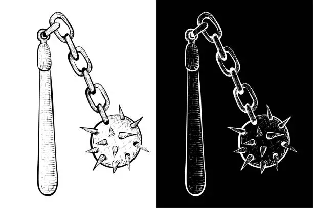 Vector illustration of Flail. Medieval weapon - spiked metal ball with chain and wooden handle. Hand drawn sketch