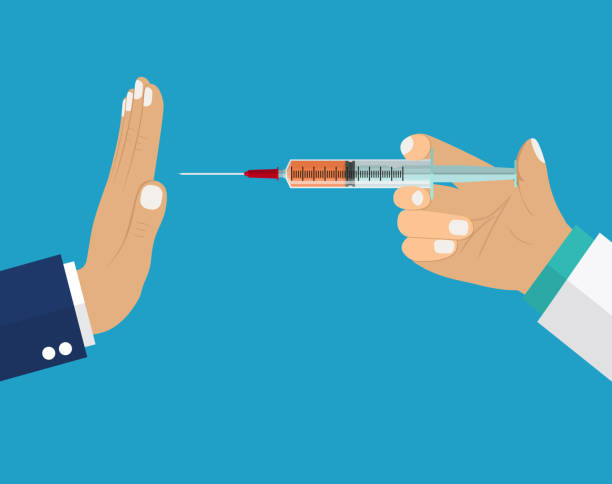 Refusing vaccine concept. Refusing vaccine concept. Doctor holding syringe in hand offers gives medicines. Rejection gesture. For healthy lifestyle. Vector illustration in flat style stop narcotics stock illustrations