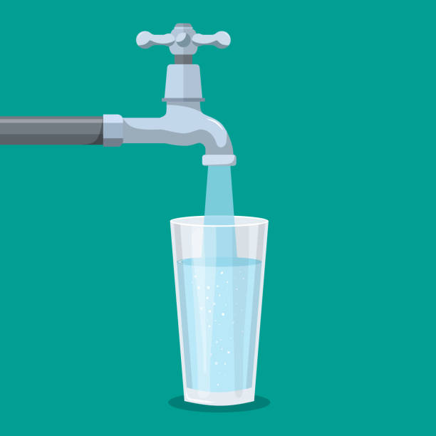 Water tap with glass. Water tap with glass. Kitchen faucet. Glass of clean water. Filling cup beverage. Pouring fresh drink. Vector illustration in flat style Tap stock illustrations