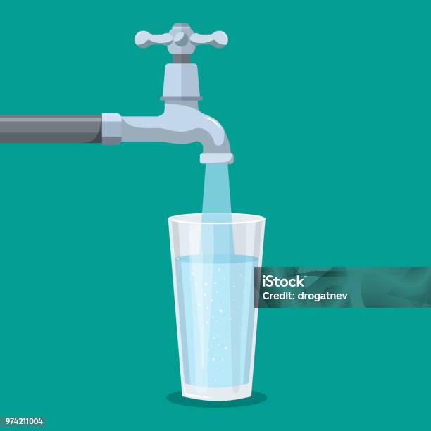 Water Tap With Glass Stock Illustration - Download Image Now - Faucet, Water, Glass - Material