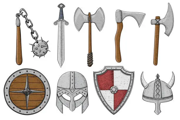 Vector illustration of Viking weapons and ammunition collection. Colored hand drawn sketch