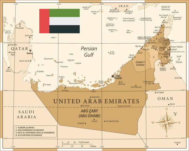 25 - United Arab Emirates - Vintage Golden 10 Map of United Arab Emirates - Vintage Vector illustration united arab emirates flag map stock illustrations