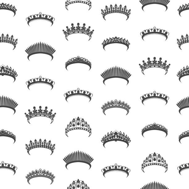 Cartoon Silhouette Black Tiara Seamless Pattern Background. Vector Cartoon Silhouette Black Tiara Seamless Pattern Background on a White Different Types Decoration Element Flat Design Style. Vector illustration of Queen or Bride Tiaras tiara stock illustrations