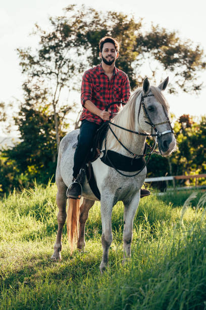 istock Young man riding white horse on the countryside 974231626