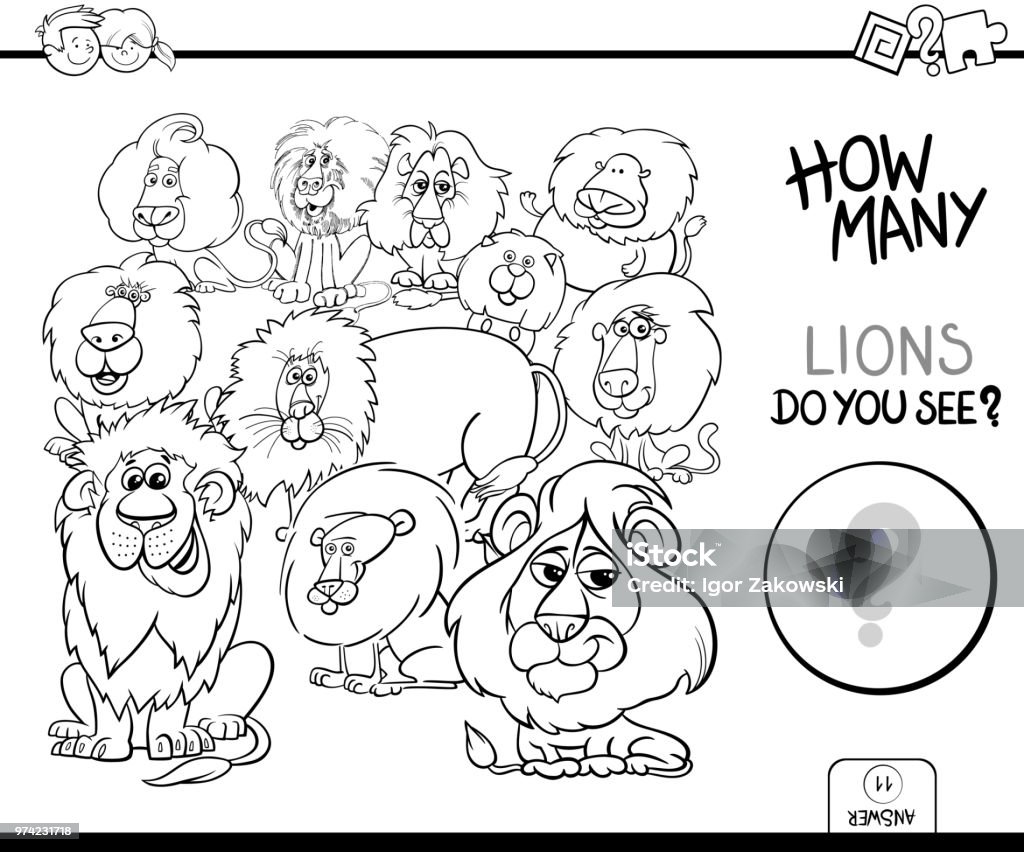 counting lions animals game coloring book Black and White Cartoon Illustration of Educational Counting Activity Game for Children with Lions Animal Characters Coloring Book Activity stock vector