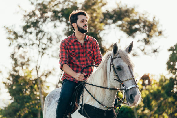 istock Young man riding white horse on the countryside 974232068