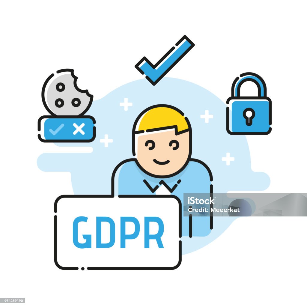 General Data Protection Regulation. Digital and internet symbols in front of DSGVO letters. GDPR, RGPD, DSGVO. Concept vector illustration. Flat style. Horizontal GDPR, RGPD, DSGVO - concept illustration. General Data Protection Regulation. The protection of personal data, isolated on white background. Cookie stock vector
