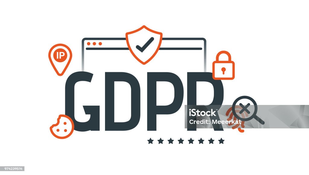 GDPR, RGPD, DSGVO - concept illustration. General Data Protection Regulation. The protection of personal data, isolated on white background. General Data Protection Regulation. Digital and internet symbols in front of DSGVO letters. GDPR, RGPD. Concept vector illustration. Flat style. Horizontal Cookie stock vector