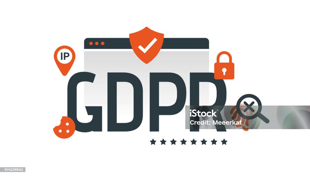 GDPR, RGPD, DSGVO - concept illustration. General Data Protection Regulation. The protection of personal data, isolated on white background. General Data Protection Regulation. Digital and internet symbols in front of DSGVO letters. GDPR, RGPD. Concept vector illustration. Flat style. Horizontal General Data Protection Regulation stock vector