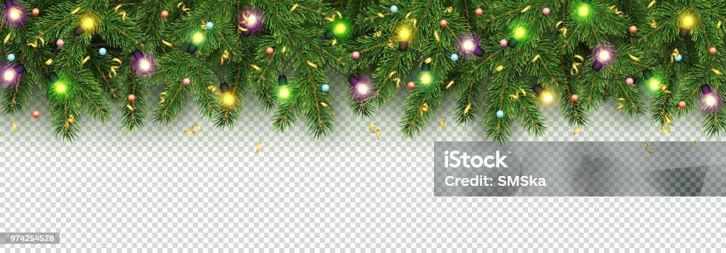 クリスマスとクリスマス ツリーの現実的な枝の新年バナー ガーランド白熱電球、ヒイラギの果実、蛇紋岩 - クリスマスのロイヤリティフリーベクトルアート