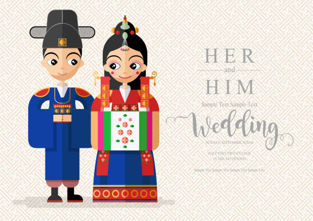 ilustraciones, imágenes clip art, dibujos animados e iconos de stock de modelos de tarjetas de invitación de boda coreano con novios en coreano tradicional vestido de traje en papel de color fondo. - boda coreana