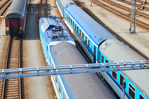 Train at the railway station. View from above