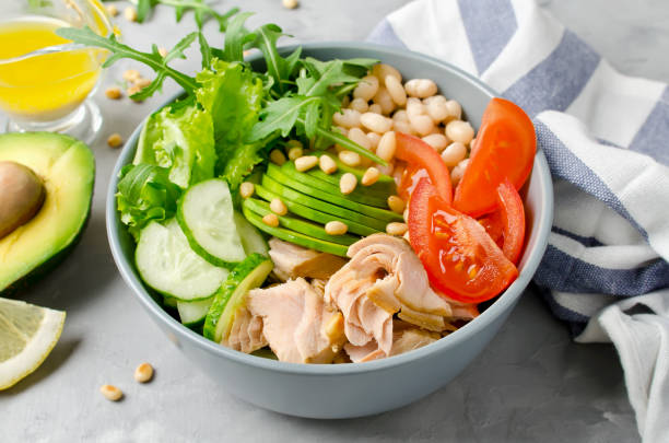 istock Salmon with white bean, tomatoes, cucumbers, avocado and arugula salad 974265828