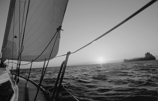 Black and white image of sailing.