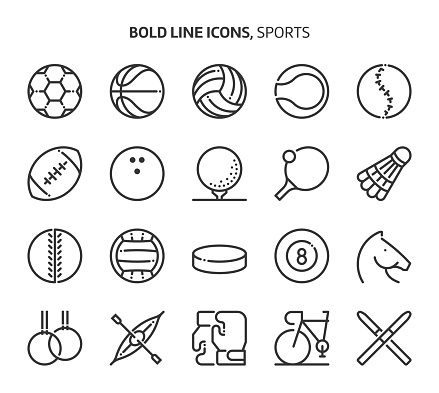 Sports, bold line icons. The illustrations are a vector, editable stroke, 48x48 pixel perfect files. Crafted with precision and eye for quality.
