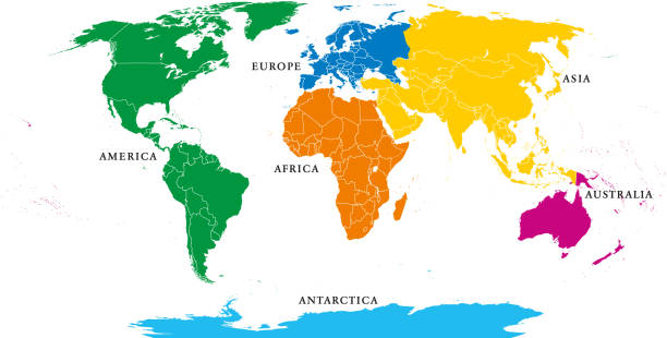 六つの大陸、罫線付きの政界地図 - ラベルを付ける点のイラスト素材／クリップアート素材／マンガ素材／アイコン素材